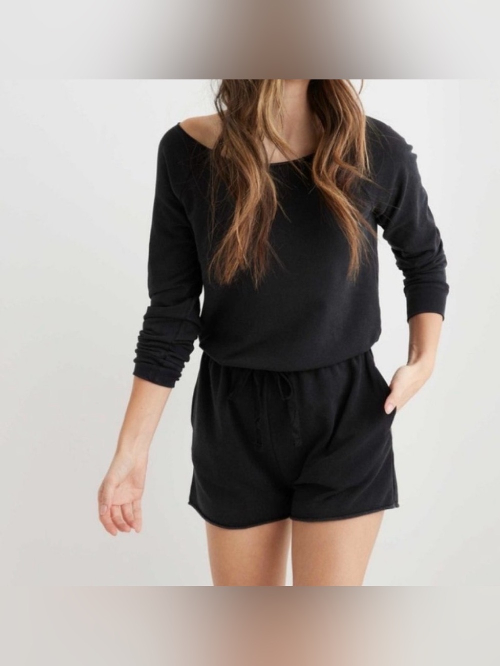 aerie off the shoulder Black Long Sleeve Drawstring Romper